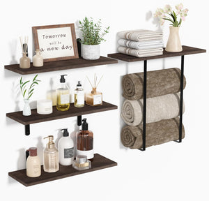 upsimples Bathroom Shelves Over Toilet, 3+1 Tier Floating Shelves, Dark Brown Wooden Storage Wall Shelves with Towel Rack, Wall Mounted Hanging Shelf for Bedroom, Kitchen, Living Room, Laundry Décor Visit the upsimples Store