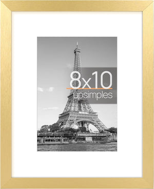 upsimples 8x10 Picture Frame, Display Pictures 5x7 with Mat or 8x10 Without Mat, Wall Hanging Photo Frame, Gold, 1 Pack