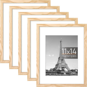 upsimples 11x14 Picture Frame Set of 5, Display Pictures 8x10 with Mat or 11x14 Without Mat, Wall Gallery Photo Frames, Natural
