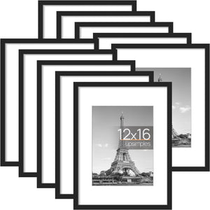 upsimples 12x16 Picture Frame Set of 10, 8.5x11 with Mat or 12x16 Without Mat, Multi Photo Frames Collage for Wall or Tabletop Display, Black