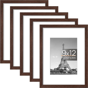 upsimples 9x12 Picture Frame Set of 5, Display Pictures 6x8 with Mat or 9x12 Without Mat, Wall Gallery Photo Frames, Brown