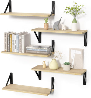 upsimples Floating Shelves for Wall Decor Storage, Natural Bookshelf with Black Bracket Set of 5, Sturdy Wall Shelves Hanging for Bedroom, Bathroom, Living Room, Kitchen, Office, Corner