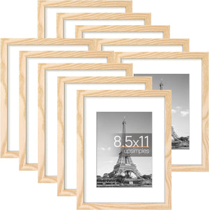 upsimples 8.5x11 Picture Frame Set of 10, Display Pictures 6x8 with Mat or 8.5x11 Without Mat, Multi Photo Frames Collage for Wall or Tabletop Display, Real Glass, Natural