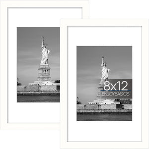 ENJOYBASICS 8x12 Picture Frame, Display Poster 6x8 with Mat or 8x12 Without Mat, Wall Gallery Photo Frames, White, 2 Pack