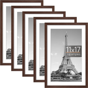 upsimples 11x17 Picture Frame Set of 5, Display Pictures 9x15 with Mat or 11x17 Without Mat, Wall Gallery Photo Frames, Brown