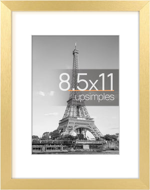 upsimples 8.5x11 Picture Frame, Display Pictures 6x8 with Mat or 8.5x11 Without Mat, Wall Hanging Photo Frame, Gold, 1 Pack
