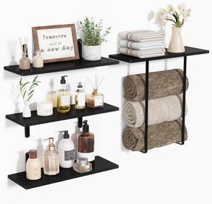 upsimples Bathroom Shelves Over Toilet, 3+1 Tier Floating Shelves, Black Wooden Storage Wall Shelves with Towel Rack, Wall Mounted Hanging Shelf for Bedroom, Kitchen, Living Room, Laundry Décor