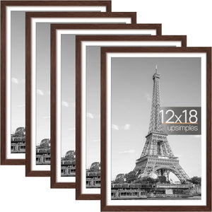 Upsimples 12x18 Picture Frame Set of 5, Display Pictures 11x17 with Mat or 12x18 Without Mat, Wall Gallery Photo Frames, Brown