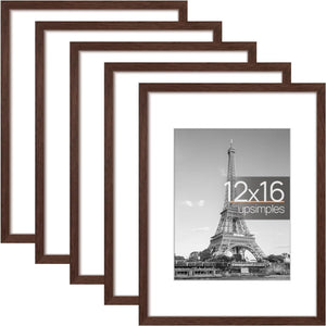 upsimples 12x16 Picture Frame Set of 5, Display Pictures 8.5x11 with Mat or 12x16 Without Mat, Wall Gallery Poster Frames, Brown