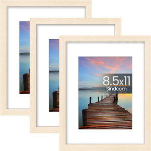 Sindcom 8.5x11 Picture Frame 3 Pack, Poster Frames with Detachable Mat for 6x8 Prints, Horizontal and Vertical Hanging Hooks for Wall Mounting, Natural Photo Frame for Gallery Home Décor