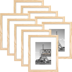upsimples 8x10 Picture Frame Set of 10,Display Pictures 5x7 with Mat or 8x10 Without Mat, Multi Photo Frames Collage for Wall or Tabletop Display, Natural