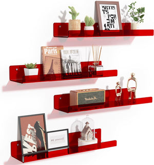 upsimples Clear Red Acrylic Shelves for Wall Storage, 15" Acrylic Floating Shelves Wall Mounted, Kids Bookshelf, Display Ledge Wall Shelves for Bedroom, Living Room, Bathroom, Set of 4