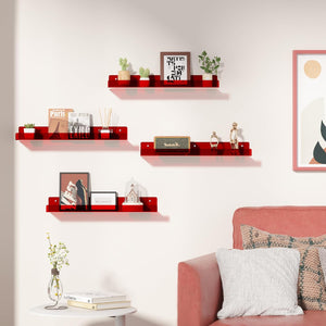 upsimples Clear Red Acrylic Shelves for Wall Storage, 15" Acrylic Floating Shelves Wall Mounted, Kids Bookshelf, Display Ledge Wall Shelves for Bedroom, Living Room, Bathroom, Set of 4