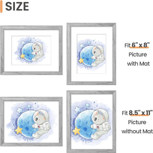upsimples 8.5x11 Picture Frame Set of 3, Made of High Definition Glass for 6x8 with Mat or 11x14 Without Mat, Wall and Tabletop Display Photo Frames, Gray