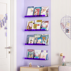 upsimples Clear Purple Acrylic Shelves for Wall Storage, 15" Acrylic Floating Shelves Wall Mounted, Kids Bookshelf, Display Ledge Wall Shelves for Bedroom, Living Room, Bathroom, Set of 4
