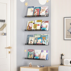 upsimples Clear Black Acrylic Shelves for Wall Storage, 15" Acrylic Floating Shelves Wall Mounted, Kids Bookshelf, Display Ledge Wall Shelves for Bedroom, Living Room, Bathroom, Set of 4