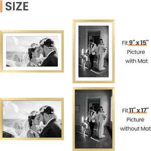 upsimples 11x17 Picture Frame, Display Pictures 9x15 with Mat or 11x17 Without Mat, Wall Hanging Photo Frame, Gold, 1 Pack