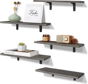 upsimples Floating Shelves for Wall Décor Storage, Wall Mounted Shelves Set of 5, Sturdy Wood Floating Shelves with Metal Brackets for Bedroom, Living Room, Bathroom, Over Toilet, Kitchen, Gray