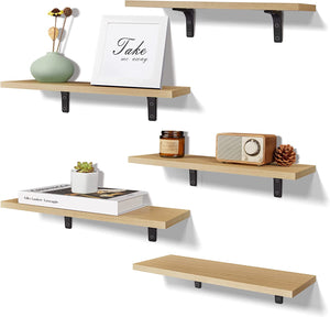 upsimples Floating Shelves for Wall Décor Storage, Wall Mounted Shelves Set of 5, Sturdy Wood Floating Shelves with Metal Brackets for Bedroom, Living Room, Bathroom, Kitchen, Light Brown