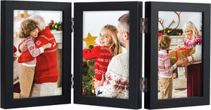 upsimples 3 Picture Frame, 5x7 Picture Frame Collage with 3 Openings, Trifold Hinged Family Photo Frame with Real Glass for Tabletop Display, Black
