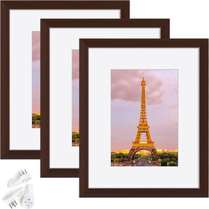 upsimples 8x10 Picture Frame Set of 3, Made of High Definition Glass for 5x7 with Mat or 8x10 Without Mat, Wall Mounting Photo Frames, Brown
