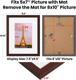 upsimples 8x10 Picture Frame Set of 3, Made of High Definition Glass for 5x7 with Mat or 8x10 Without Mat, Wall Mounting Photo Frames, Brown
