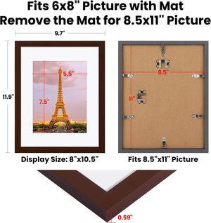 upsimples 8.5x11 Picture Frame Set of 3, Made of High Definition Glass for 6x8 with Mat or 8.5x11 Without Mat, Wall Mounting Photo Frames, Brown