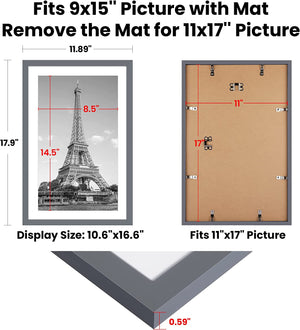 upsimples 11x17 Picture Frame Set of 5, Display Pictures 9x15 with Mat or 11x17 Without Mat, Wall Gallery Photo Frames, Dark Gray