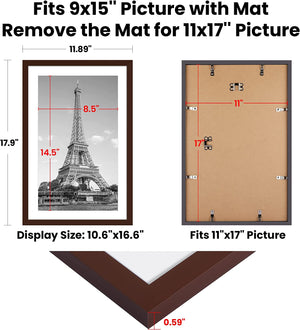 upsimples 11x17 Picture Frame Set of 5, Display Pictures 9x15 with Mat or 11x17 Without Mat, Wall Gallery Photo Frames, Brown