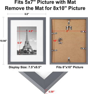 upsimples 8x10 Picture Frame Set of 5,Display Pictures 5x7 with Mat or 8x10 Without Mat,Wall Gallery Photo Frames,Dark Gray