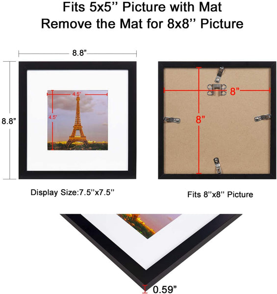Upsimples 3 Pcs 8x8 Picture Frame, Made of High Definition Glass, Display  Pictures 5x5 with Mat or 8x8 Without Mat, Black