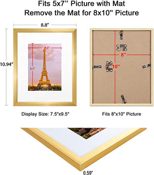 upsimples 8x10 Picture Frame Set of 3,Made of High Definition Glass for 5x7 with Mat or 8x10 Without Mat,Wall Mounting Photo Frame Gold