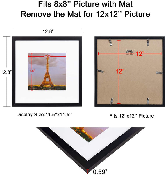 upsimples 12x12 Picture Frame Made of High Definition Glass, Display  Pictures 8x8 with Mat or 12x12 Without Mat, Gallery Wall Frame Set, Brown