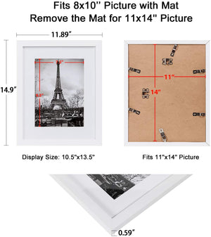 upsimples 11x14 Picture Frame Set of 5,Display Pictures 8x10 with Mat or 11x14 Without Mat,Wall Gallery Photo Frames,White