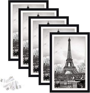 upsimples 11x17 Picture Frame Set of 5,Display Pictures 9x15 with Mat or 11x17 Without Mat,Wall Gallery Photo Frames,Black