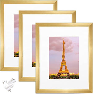 upsimples 8x10 Picture Frame Set of 3,Made of High Definition Glass for 5x7 with Mat or 8x10 Without Mat,Wall Mounting Photo Frame Gold