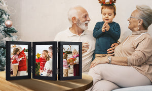 upsimples 3 Picture Frame, 5x7 Picture Frame Collage with 3 Openings, Trifold Hinged Family Photo Frame with Real Glass for Tabletop Display, Black