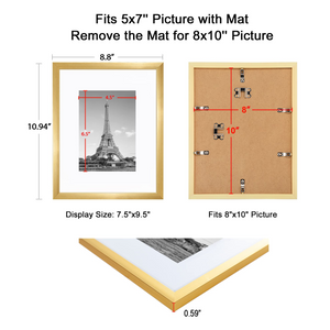 upsimples 8x10 Picture Frame Set of 5,Display Pictures 5x7 with Mat or 8x10 Without Mat,Wall Gallery Photo Frames, Gold
