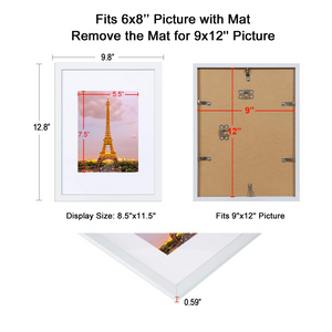 upsimples 9x12 Picture Frame Set of 3, Made of High Definition Glass for 6x8 with Mat or 9x12 Without Mat, Wall Mounting Photo Frames, White