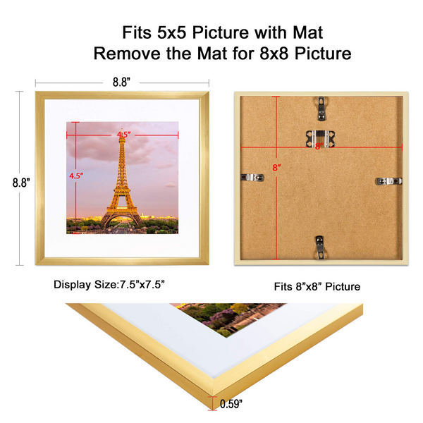 BOICHEN 8x8 Picture Frame Set of 3, Display Pictures 5x5 with Mat or 8x8 Without Mat, Wall Gallery Photo Frames, Black