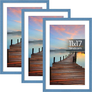 Sindcom 11x17 Poster Frame 3 Pack, Blue Wall Decor Photo Frames with Detachable Mat for 9x15 Prints, Horizontal and Vertical Hanging Hooks for Wall Mounting, Blue Poster Frames for Gallery Home Room Bathroom Décor