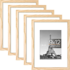 upsimples 9x12 Picture Frame Set of 5, Display Pictures 6x8 with Mat or 9x12 Without Mat, Wall Gallery Photo Frames,Natural