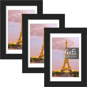 upsimples 4x6 Picture Frame Set of 3, Made of High Definition Glass for 3.5x5 with Mat or 4x6 Without Mat, Wall and Tabletop Display Photo Frames, Black