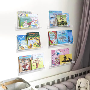 upsimples 6 Pack Nursery Book Shelves for Wall, 12" Clear Acrylic Bookshelf for Kids Baby, Floating Shelves for Wall Decor, Vinyl Display, Record Holder, Magazine Rack, Picture Ledge Shelf