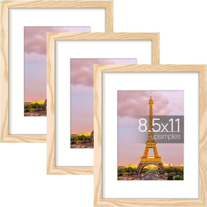 upsimples 8.5x11 Picture Frame Set of 3, Made of High Definition Glass for 6x8 with Mat or 11x14 Without Mat, Wall and Tabletop Display Photo Frames, Natural