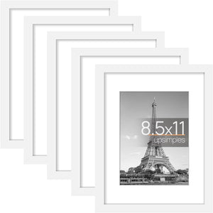 upsimples 8.5x11 Picture Frame Set of 5, Display Pictures 6x8 with Mat or 8.5x11 Without Mat, Wall Gallery Photo Frames, White