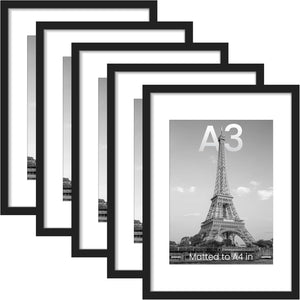upsimples A3 Picture Frame Set of 5, Display Pictures 8.3x11.7 with Mat or 11.7x16.5 Without Mat, Wall Gallery Poster Frames, Black