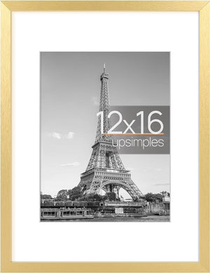 upsimples 12x16 Picture Frame, Display Pictures 8.5x11 with Mat or 12x16 Without Mat, Wall Hanging Photo Frame, Gold, 1 Pack