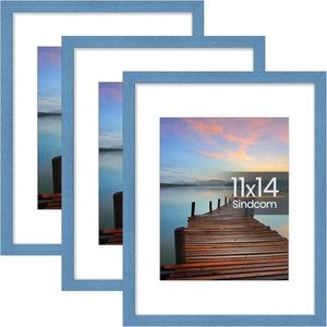 Sindcom 11x14 Picture Frame 3 Pack, Blue Wall Decor Photo Frames with Detachable Mat for 8x10 Prints, Horizontal and Vertical Hanging Hooks for Wall Mounting, Blue Poster Frames for Gallery Home Room Bathroom Décor