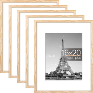 upsimples 16x20 Picture Frame Set of 5, Display Pictures 11x14 with Mat or 16x20 Without Mat, Wall Gallery Poster Frames, Natural